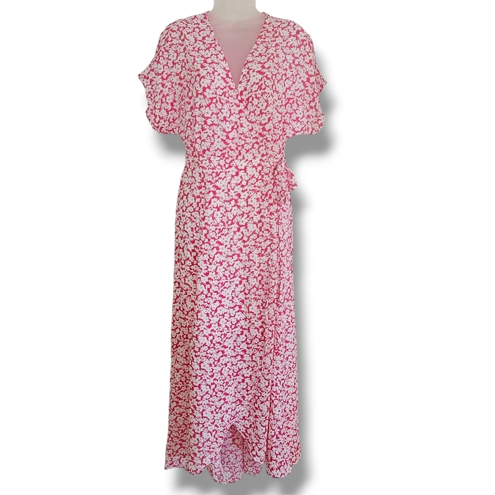 Bobeau Orna Wrap Dress Size S‎ Hi Low Asymmetrical Midi/Maxi Pink White Floral